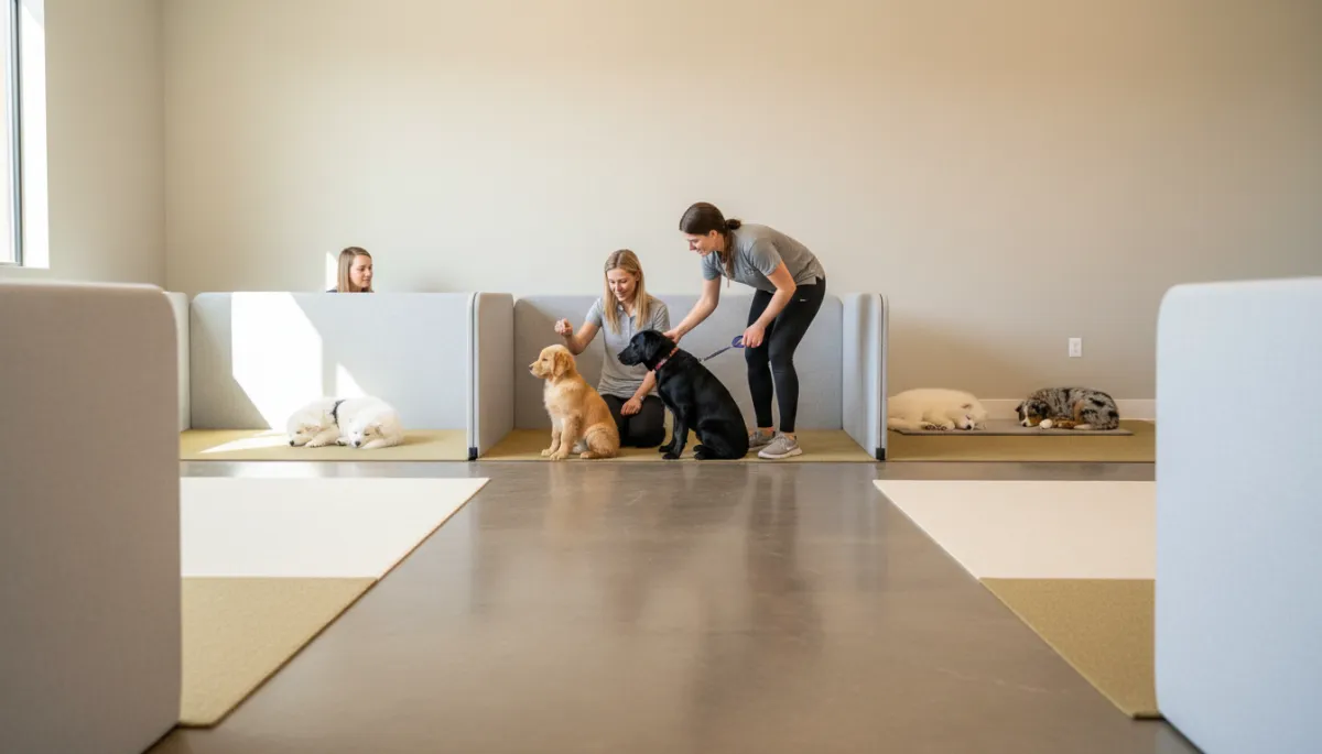 Calm puppy training session with dogs working at safe distances