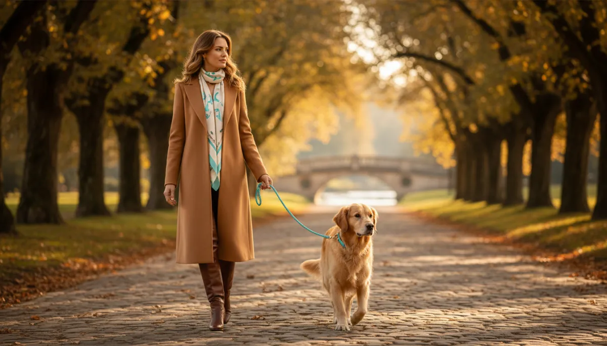 photorealistic scene of an elegant woman in a tailored coat walking a glossy-coated dog along a tranquil tree-lined path at golden hour, subtle fresh aqua accents in the dog’s lead and the woman’s scarf, soft depth of field and refined, luxurious atmosphere