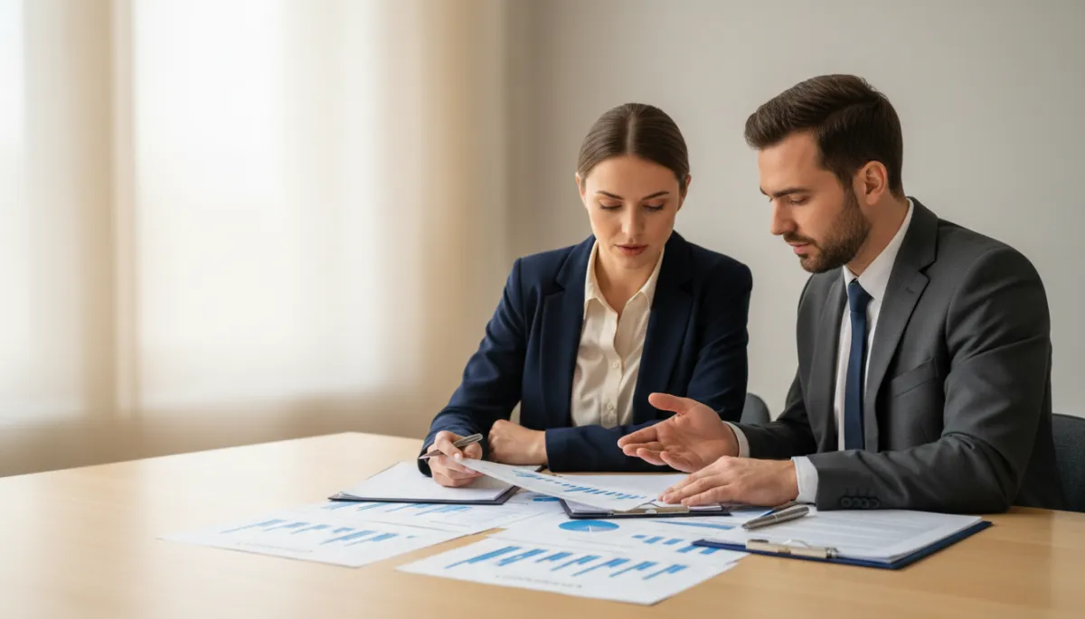 Business owner and advisor reviewing valuation documents in a conference room