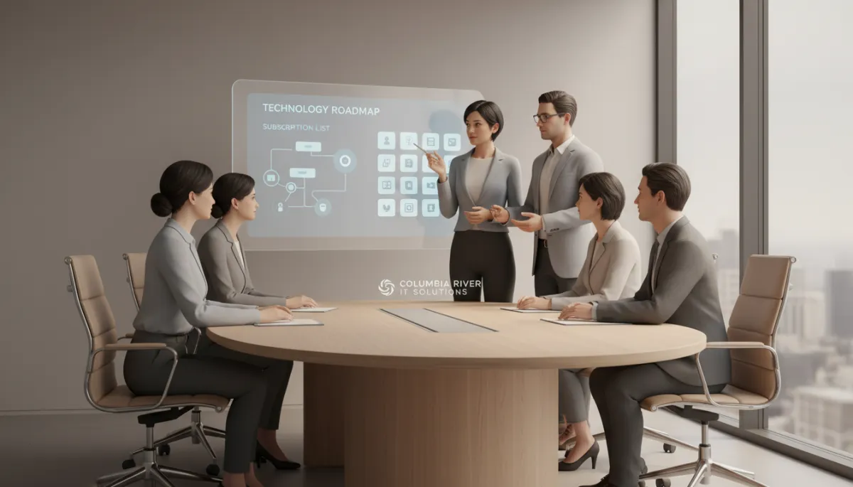 Business leaders reviewing a streamlined managed IT and software plan with a local small business IT partner