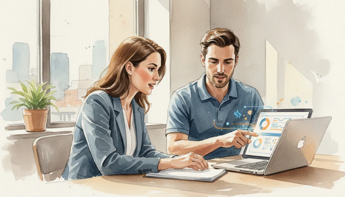 Business owner reviewing cybersecurity and backup status with local IT specialist Business owner reviewing cybersecurity and backup status with local IT specialist