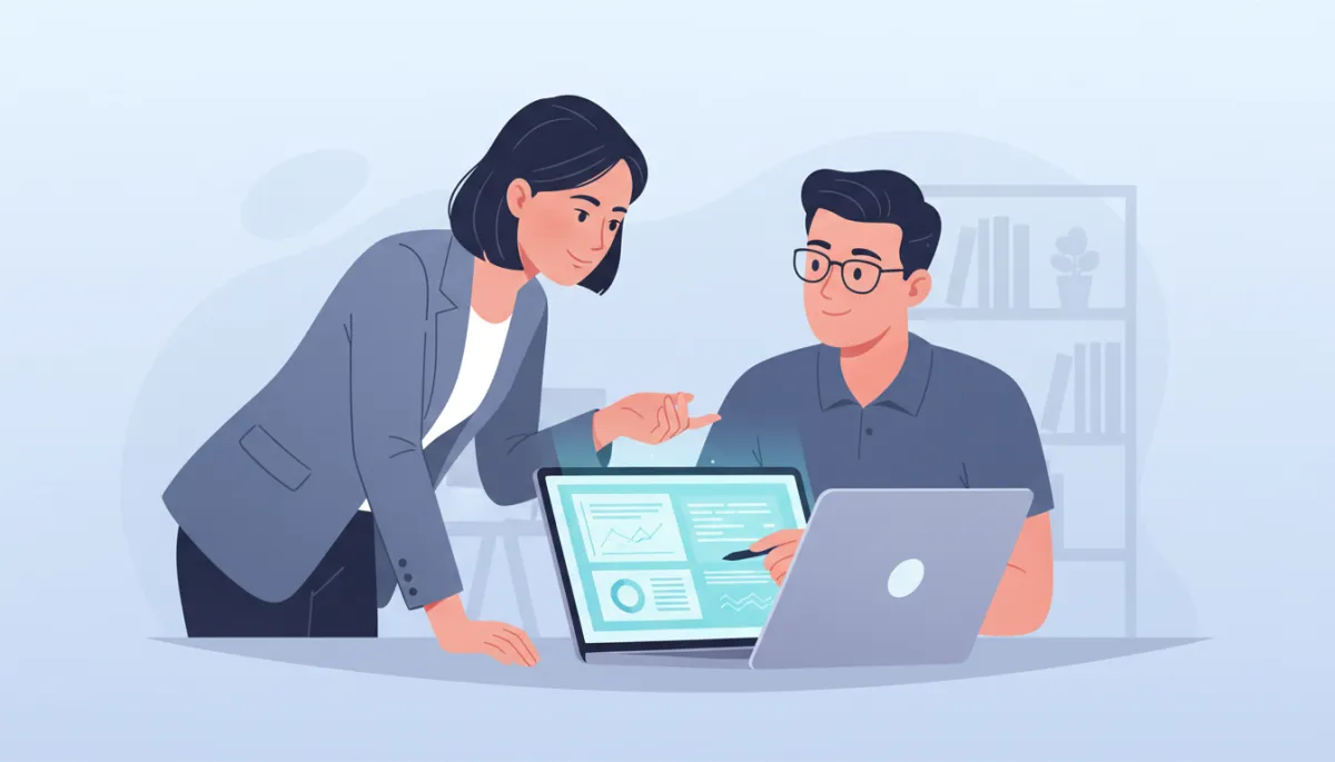 A well-lit, contemporary office scene featuring a business owner and an IT specialist collaborating over digital documentation on a laptop. The mood is focused and professional, with visible teamwork and clear communication. The background is uncluttered and soft, ensuring any overlaid text remains highly readable.