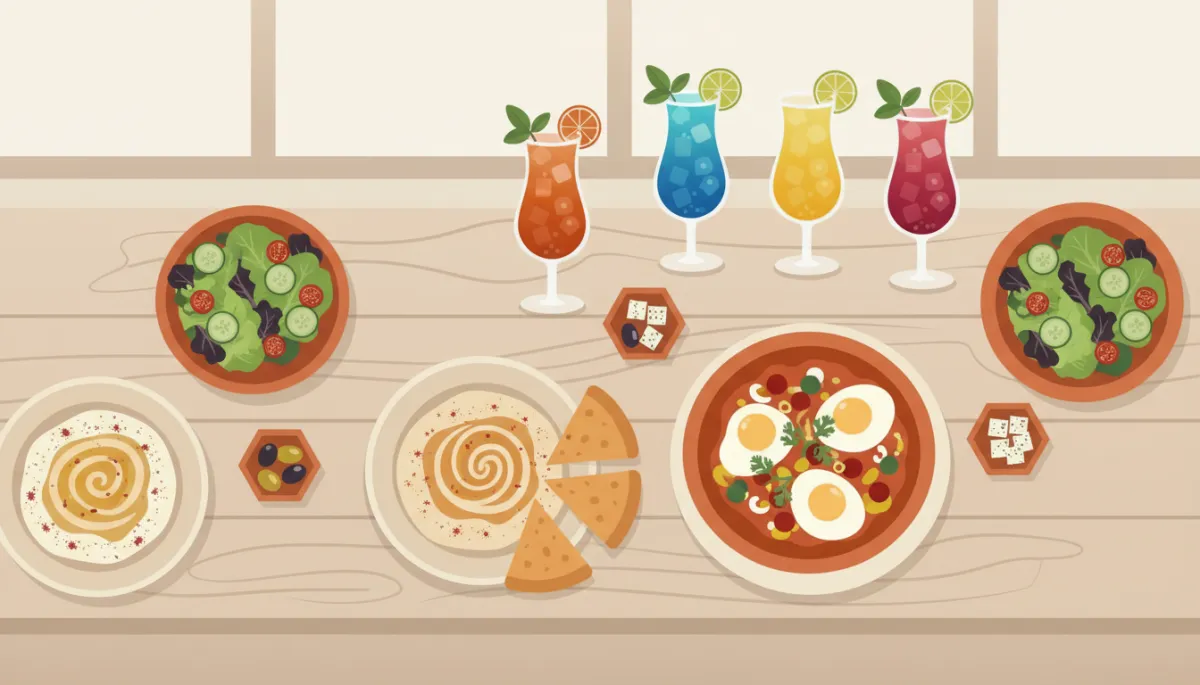Mediterranean-style brunch spread with shakshuka, hummus, and cocktails in Aventura Mediterranean-style brunch spread with shakshuka, hummus, and cocktails in Aventura
