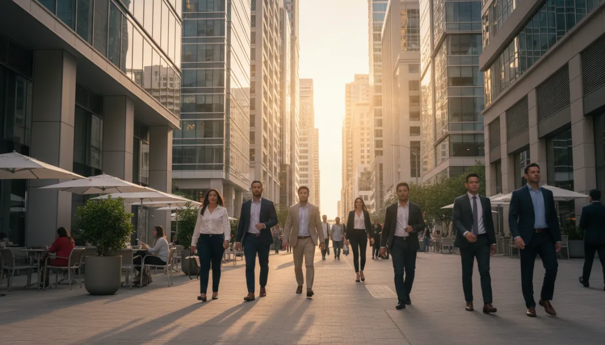 Professionals walking through Miami's Brickell business district near modern offices Professionals walking through Miami's Brickell business district near modern offices