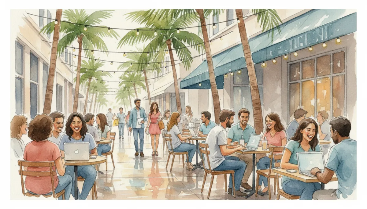 People relaxing and working at an outdoor cafe in a Miami neighborhood People relaxing and working at an outdoor cafe in a Miami neighborhood