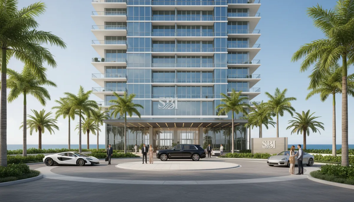 Entrance of a branded luxury condo tower in Sunny Isles Beach with palm-lined driveway
