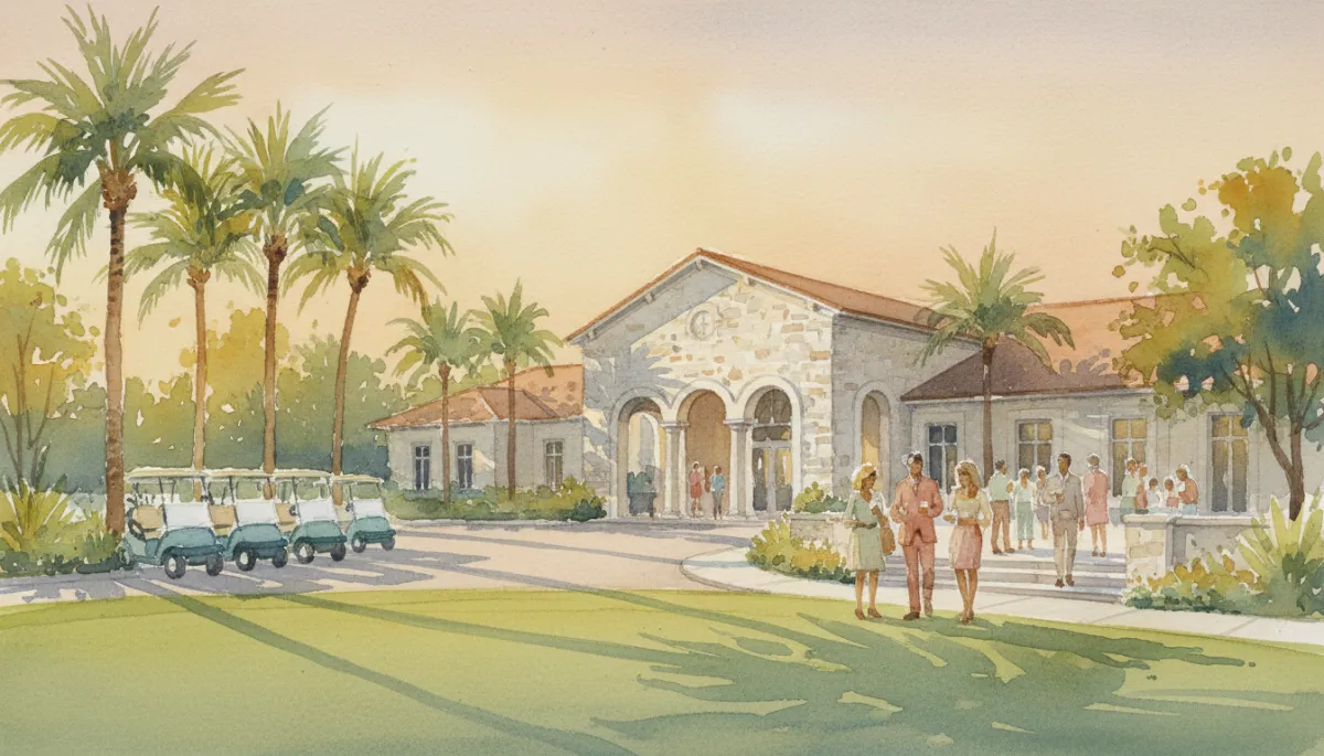 Elegant country club clubhouse with palm trees and members arriving