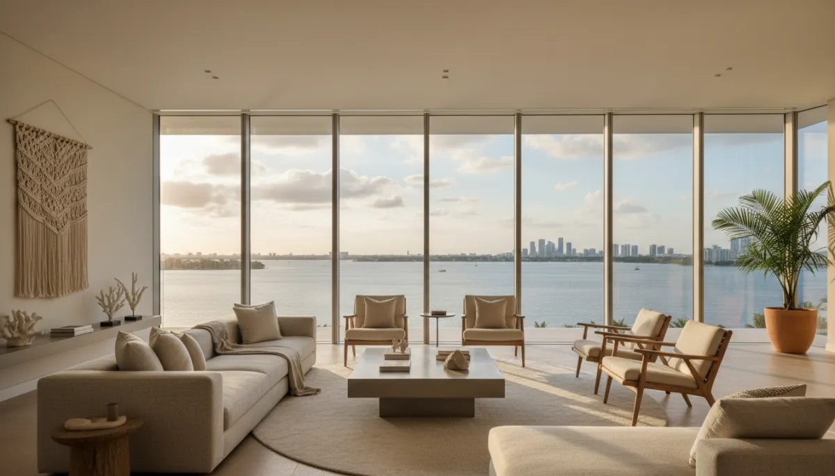 Open-concept living room in a Bal Harbour waterfront spec mansion