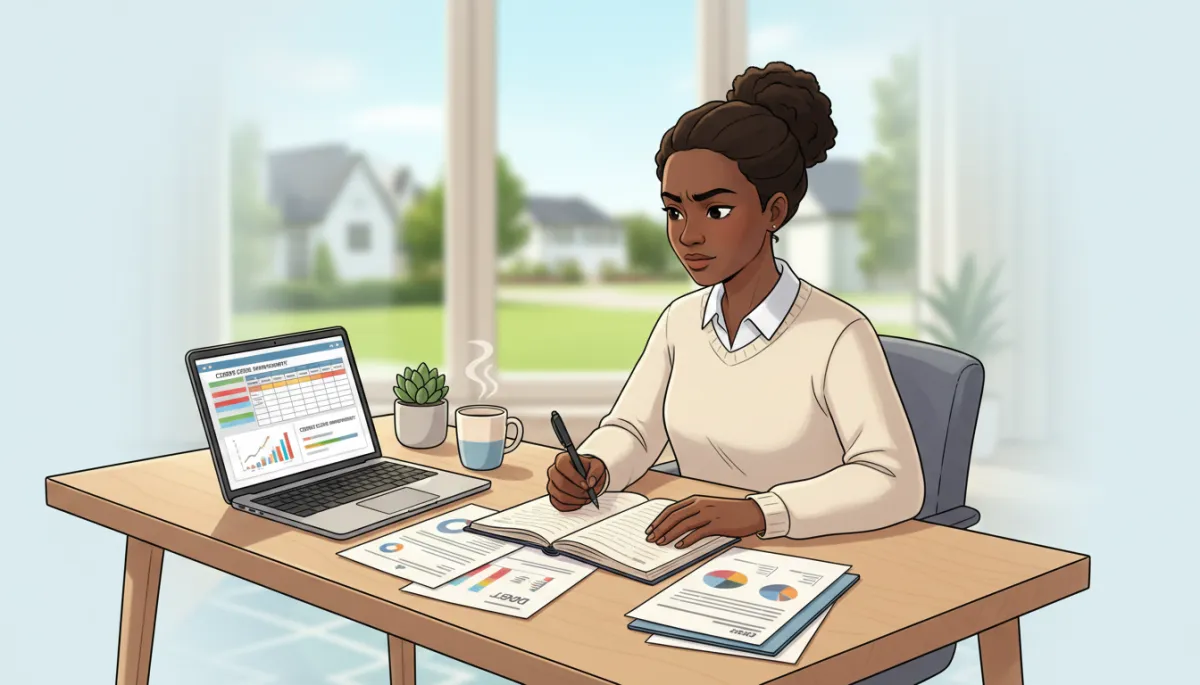 A photo of an African American homebuyer organizing a debt payoff and credit improvement plan at a contemporary desk, with documents, a laptop, and a pen, in a bright home setting.