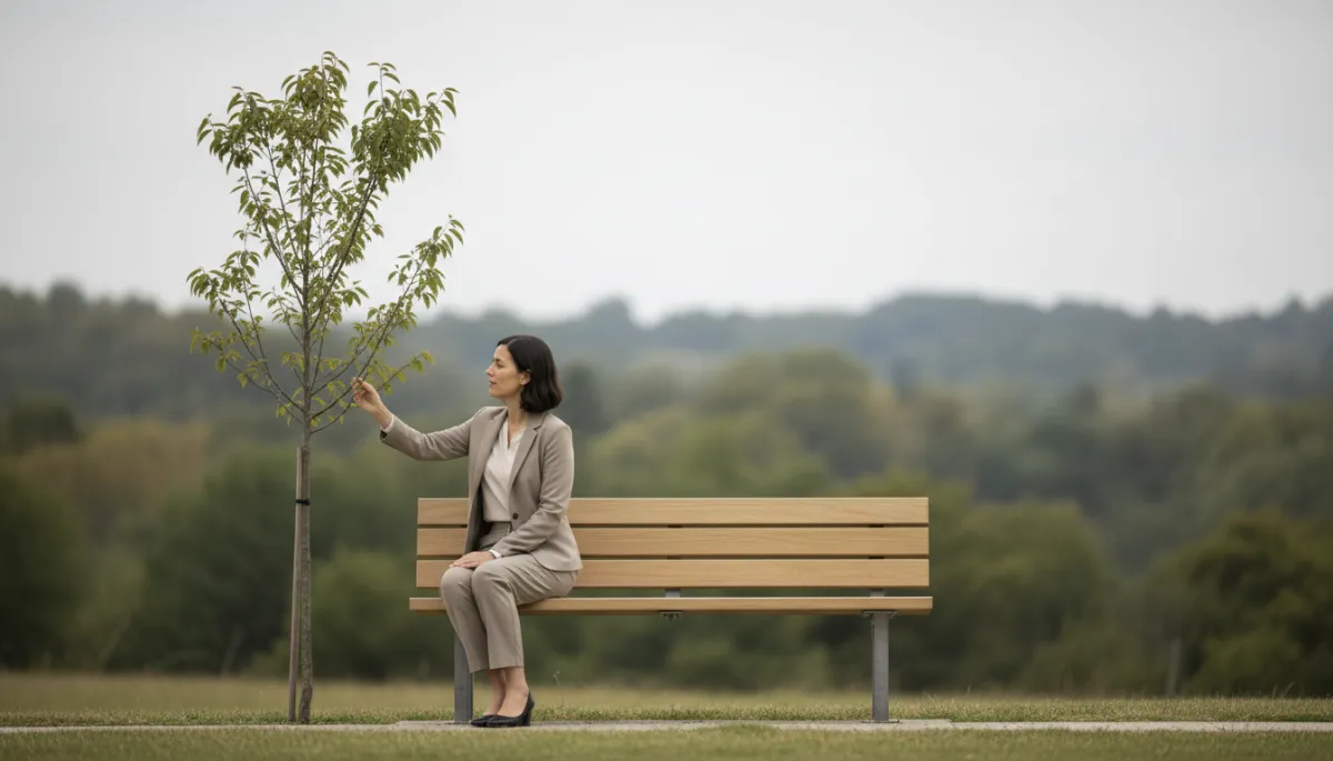 Person gently touching a leaf while seated calmly in a quiet park Person gently touching a leaf while seated calmly in a quiet park