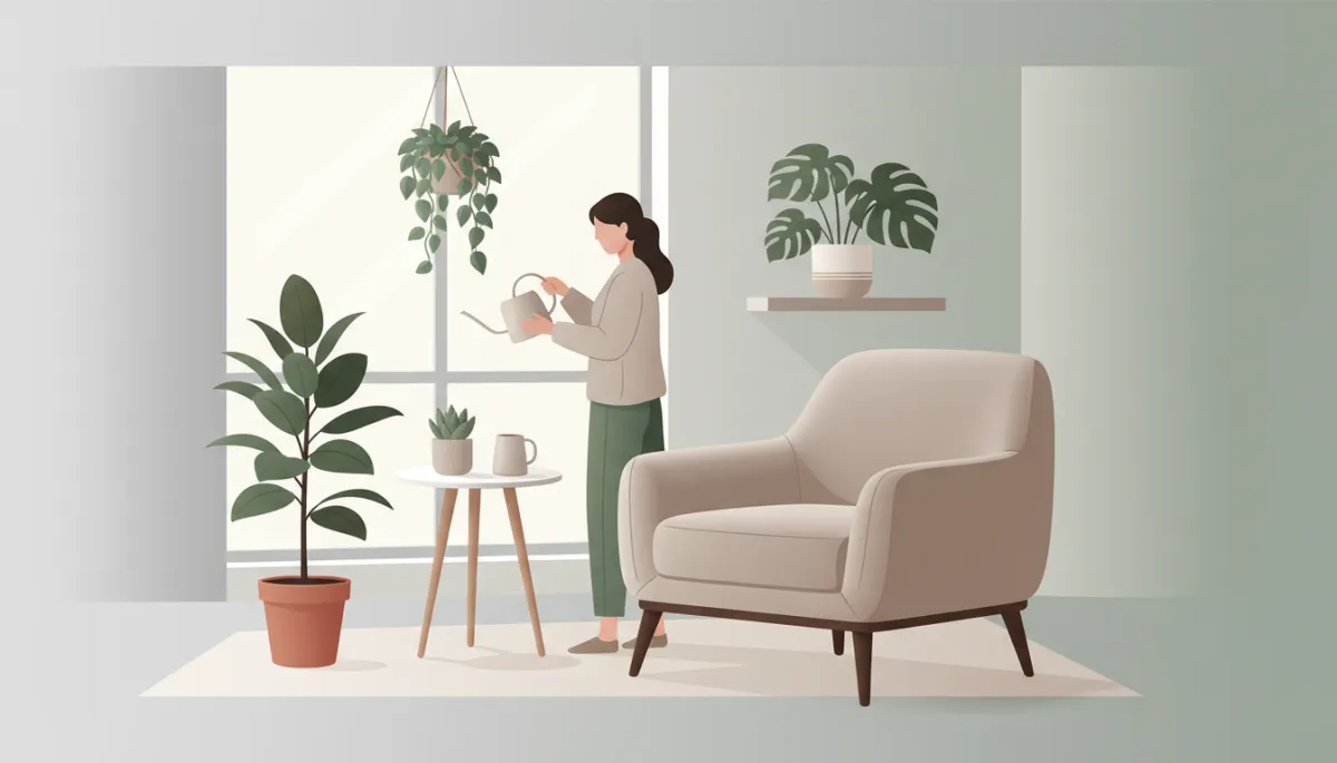Reading nook with indoor plants and a person caring for them