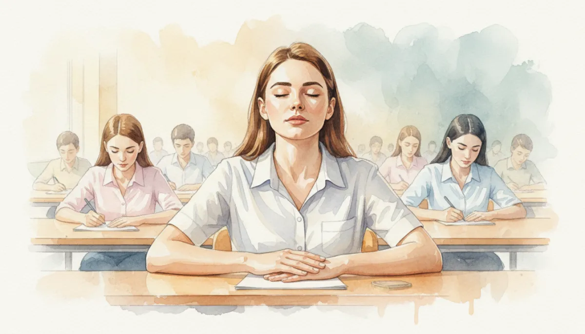 Student pausing to take a calming breath during an exam Student pausing to take a calming breath during an exam