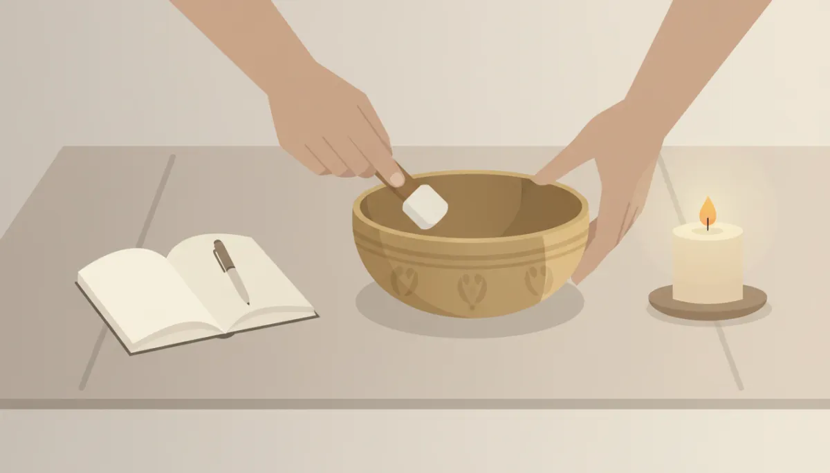 Hands playing a singing bowl as part of a calming self-care ritual