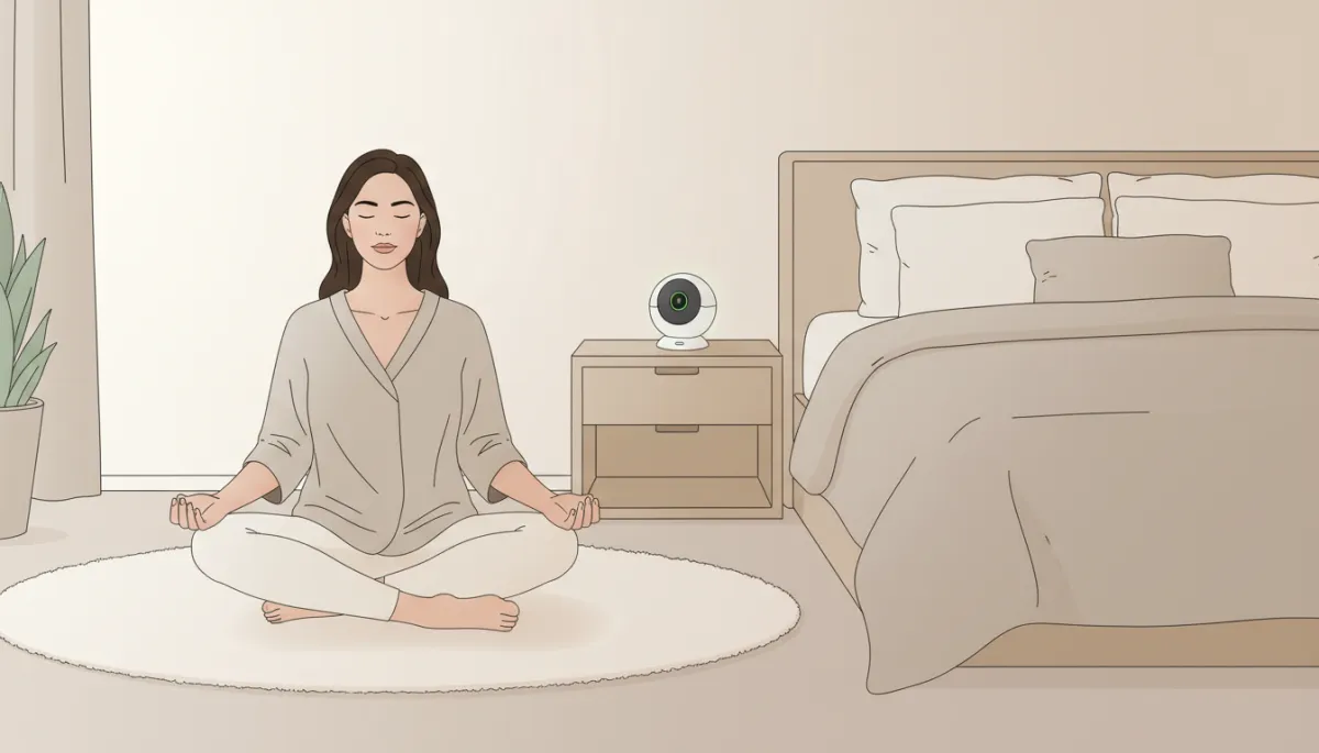 Mom practicing quiet breathing for stress relief in a calm bedroom