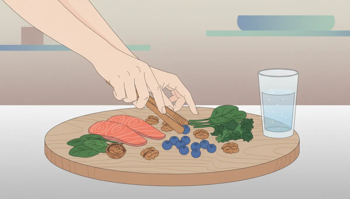 Healthy brain foods arranged on a neutral-toned kitchen counter Healthy brain foods arranged on a neutral-toned kitchen counter