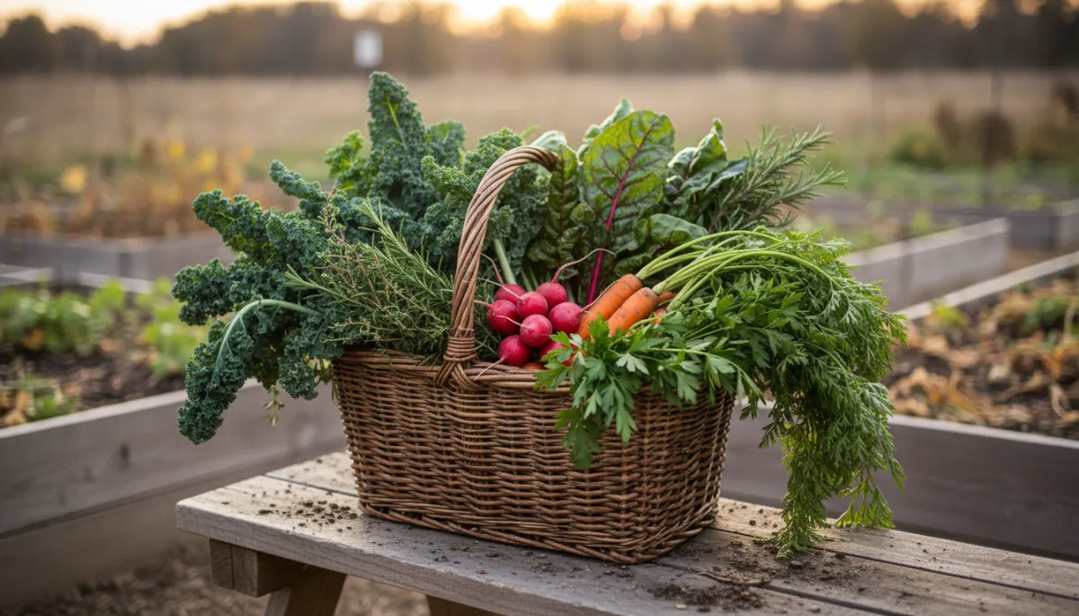 Fall harvest of leafy greens and root vegetables from a North Texas garden
