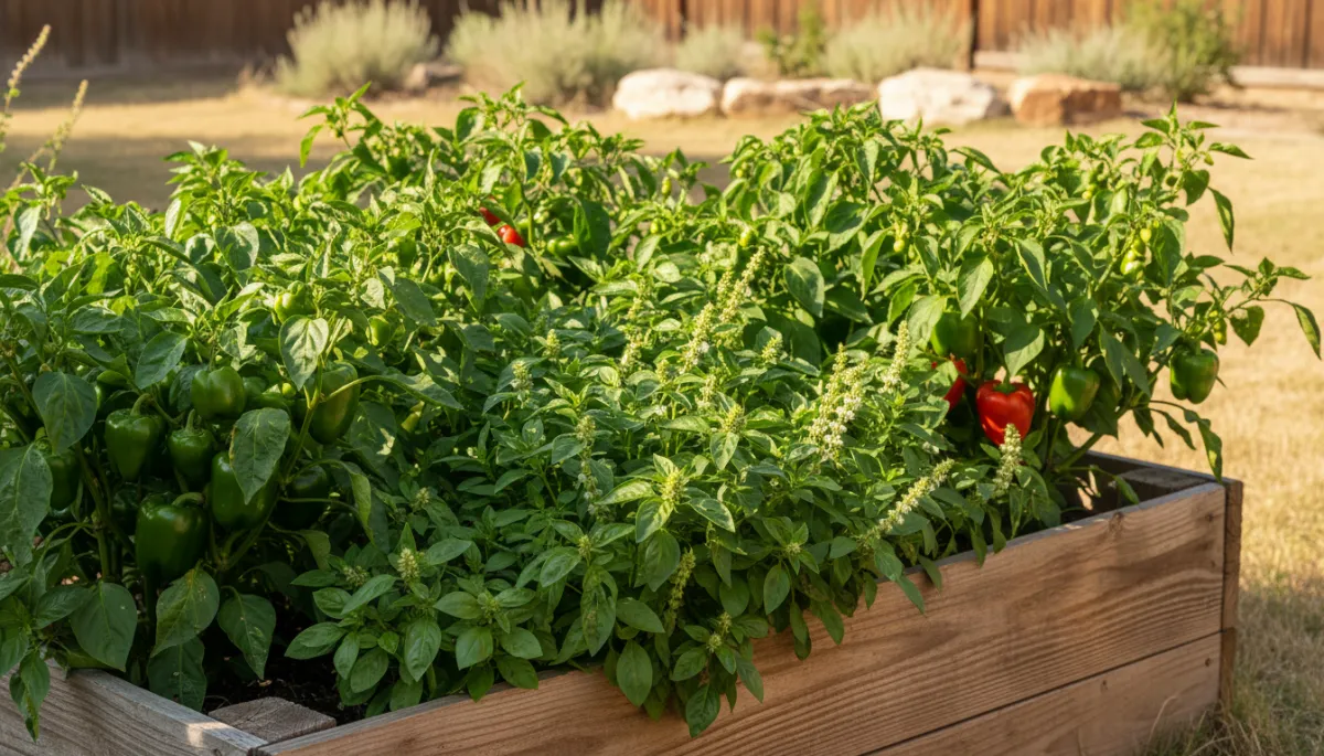 Photorealistic raised bed garden with productive peppers and basil in North Texas summer