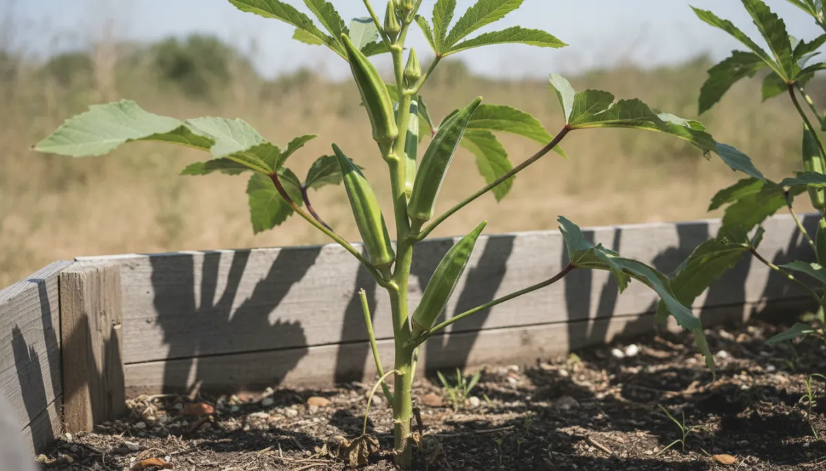 Photorealistic okra plant loaded with pods in a raised bed under Texas sun