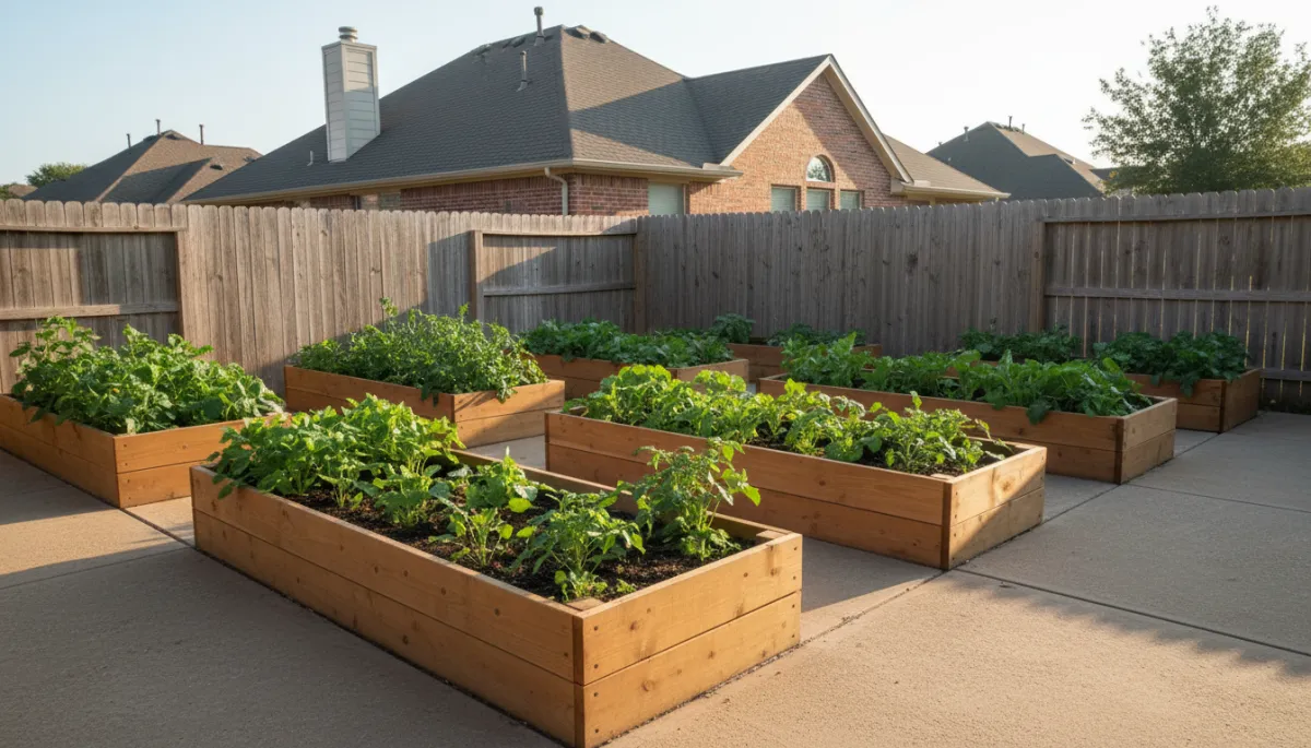 Productive raised bed garden in a North Texas backyard with ideal morning sun