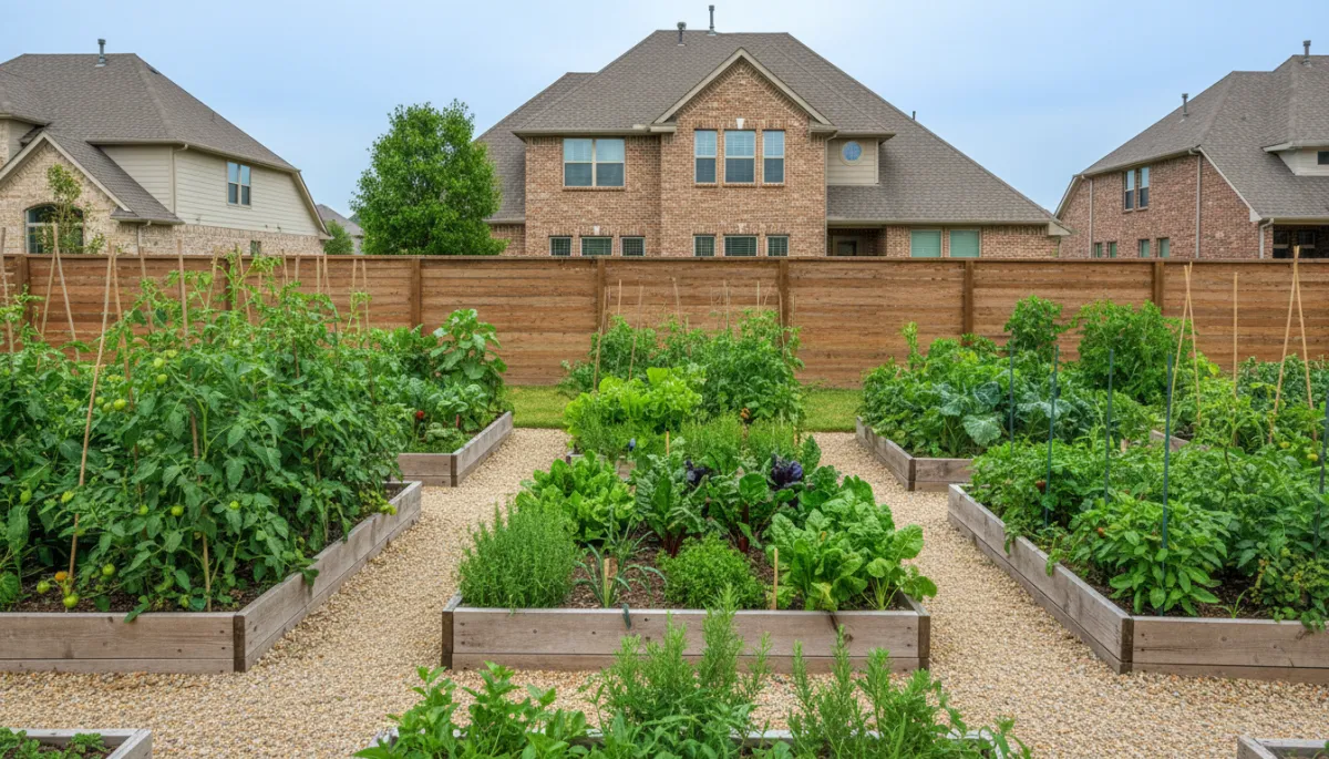 photorealistic wide shot of a lush North Texas raised bed vegetable garden in late spring, cedar beds filled with tomatoes, peppers, leafy greens and herbs, neutral natural light, tidy gravel paths, wooden fence and a suburban North Texas home in the background