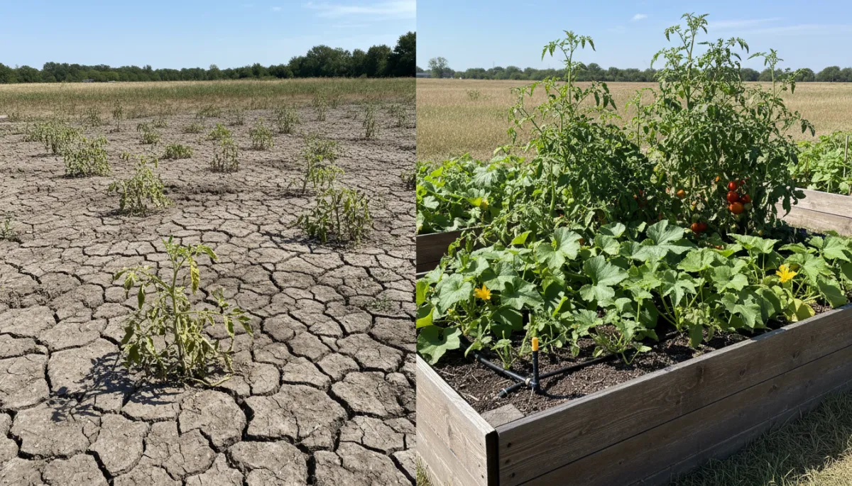 photorealistic split backyard scene in North Texas, left side cracked dry Blackland Prairie clay with stunted tomato plants, right side lush overflowing cedar raised bed vegetables with drip irrigation, neutral color palette, bright natural daylight