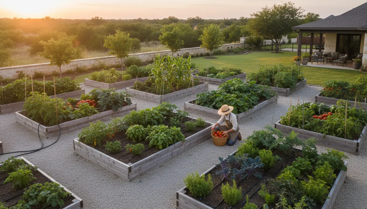 photorealistic aerial view of a North Texas backyard with multiple cedar raised beds overflowing with vegetables and herbs, integrated drip irrigation, clean gravel walkways, and a homeowner harvesting tomatoes at sunset, neutral color palette