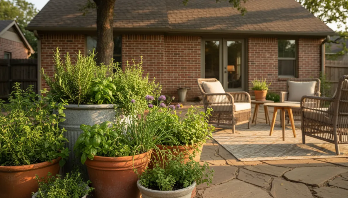 photorealistic neutral-toned North Texas backyard patio with large containers overflowing with lush rosemary, basil, thyme, oregano, and chives, warm late-afternoon summer light, brick house in background, simple outdoor seating nearby