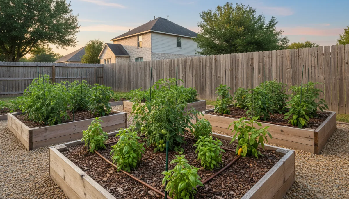 photorealistic wide shot of a neat backyard raised bed vegetable garden in North Texas, early morning light, visible brown drip irrigation lines snaking through mulched beds around lush green tomato, basil, and pepper plants, quiet suburban fence and house in background, neutral natural colors