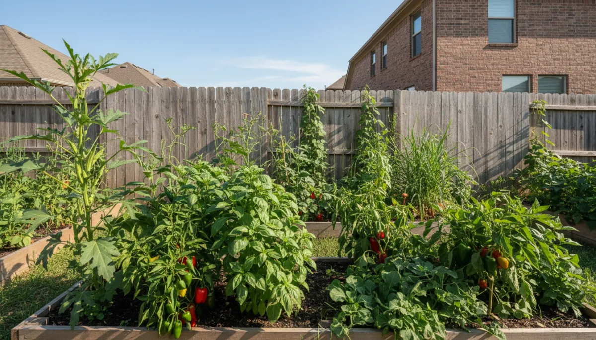 photorealistic view of a North Texas backyard with cedar raised beds overflowing with okra, peppers, basil, and lush summer foliage under bright midday sun, neutral natural color palette, suburban fence and brick home in background