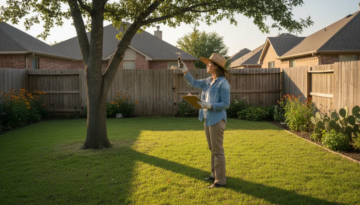 photorealistic neutral-toned scene of a Texas Master Gardener in a suburban North Texas backyard, holding a clipboard and checking sun angles while observing shadows across the lawn, single-story brick homes and wooden privacy fences in the background, soft morning light