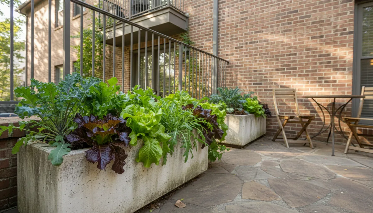 photorealistic neutral-toned North Texas patio in soft October light, wide low containers overflowing with lush green and red lettuces, arugula, and kale, set against a brick townhome with a few simple chairs and a railing in the background