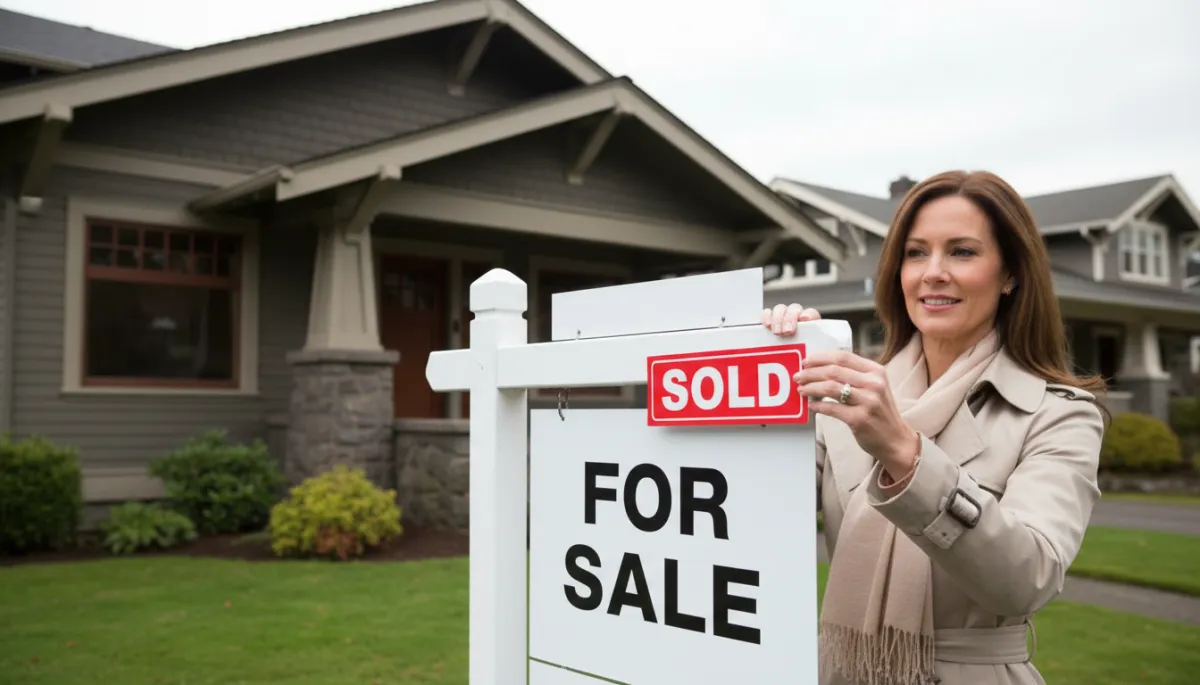 Agent placing a sold sticker on a for sale sign in Portland