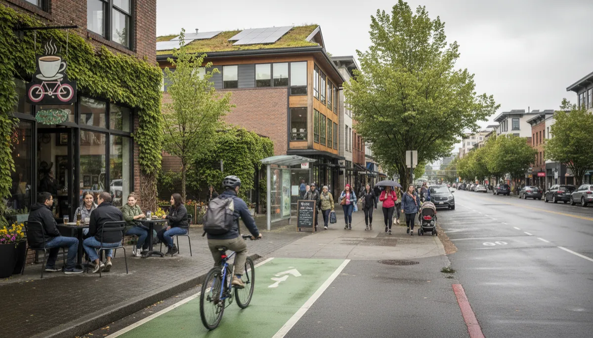 A photorealistic, high-resolution street-level image of a vibrant Portland, Oregon neighborhood on a typical overcast day. The scene features people casually sitting at outdoor cafes, cyclists riding in marked bike lanes, and diverse pedestrians walking along the sidewalks. Local storefronts with unique signage and greenery line the street, while sustainably designed buildings and mature trees add to the urban atmosphere. The overall mood is candid and inviting, capturing the authentic, everyday life of Portland residents, suitable for a professional blog reviewing the pros and cons of moving to the city.