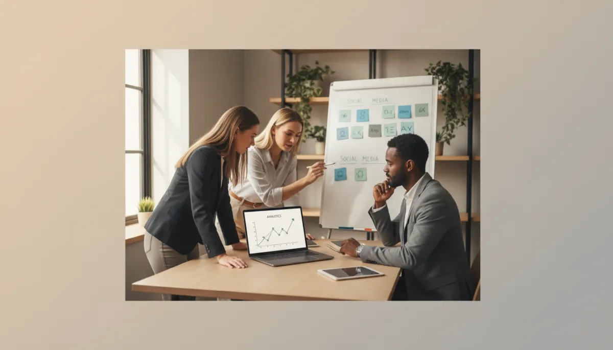 Local business marketing team reviewing podcast analytics and planning content