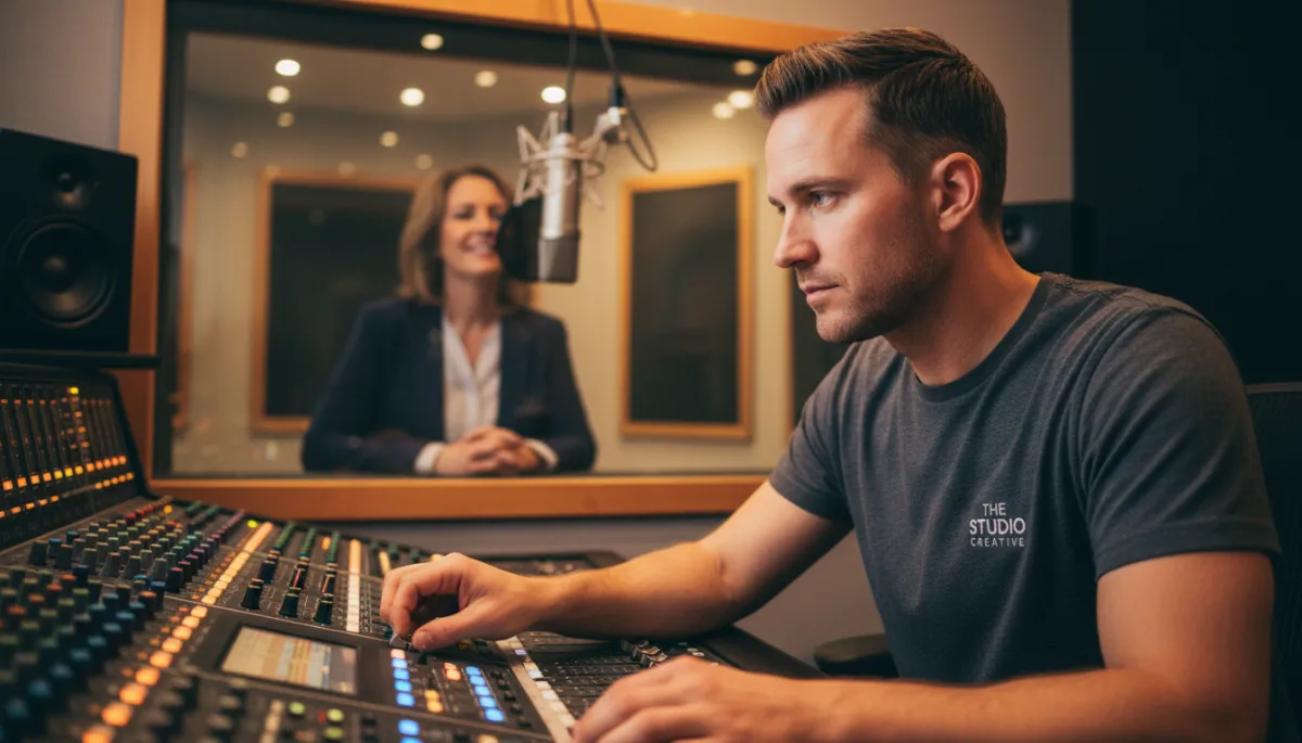 Producer from The Studio Creative managing audio levels for a local business podcast