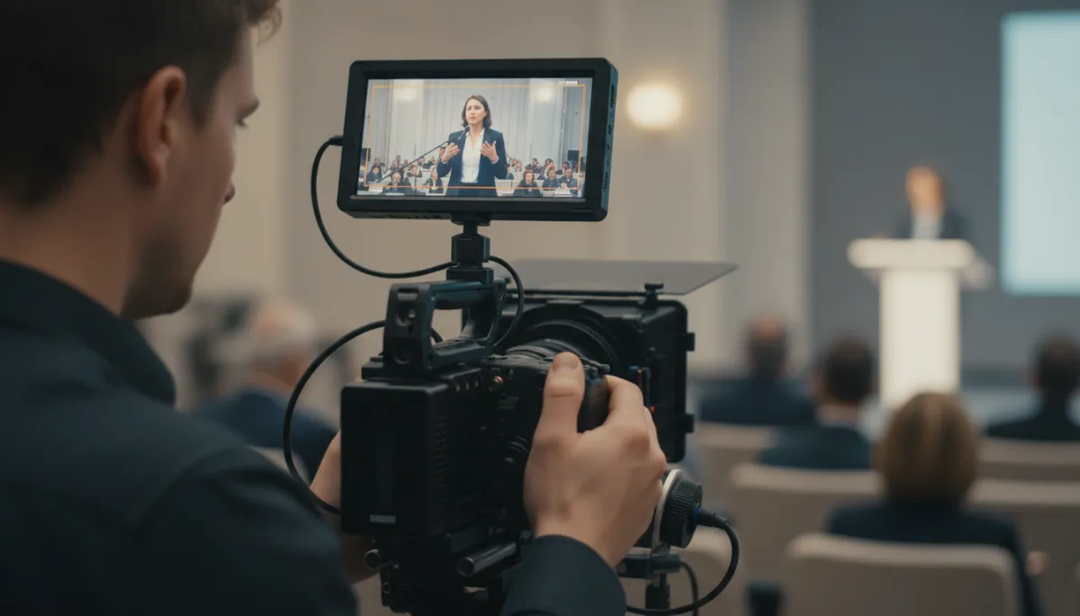 Photorealistic close-up of a videographer recording a conference speaker Photorealistic close-up of a videographer recording a conference speaker