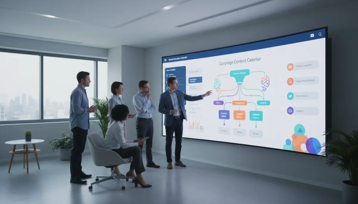 Photorealistic marketing team planning year-round campaigns from event content Photorealistic marketing team planning year-round campaigns from event content