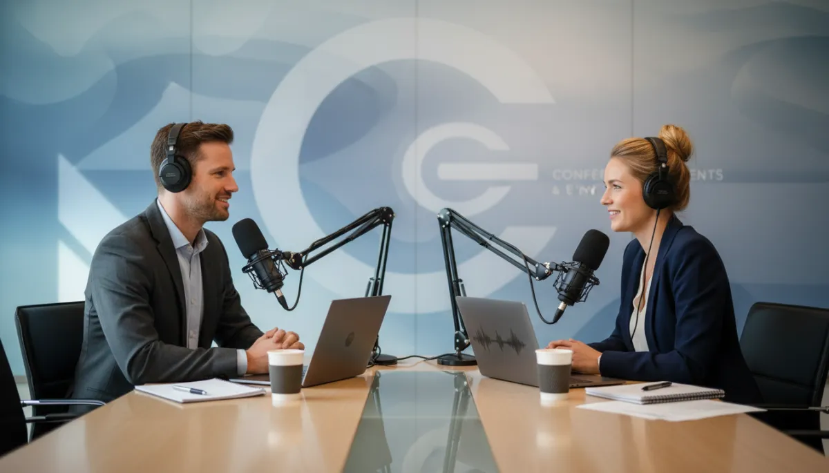 Photorealistic scene of professionals recording a podcast at a business event Photorealistic scene of professionals recording a podcast at a business event