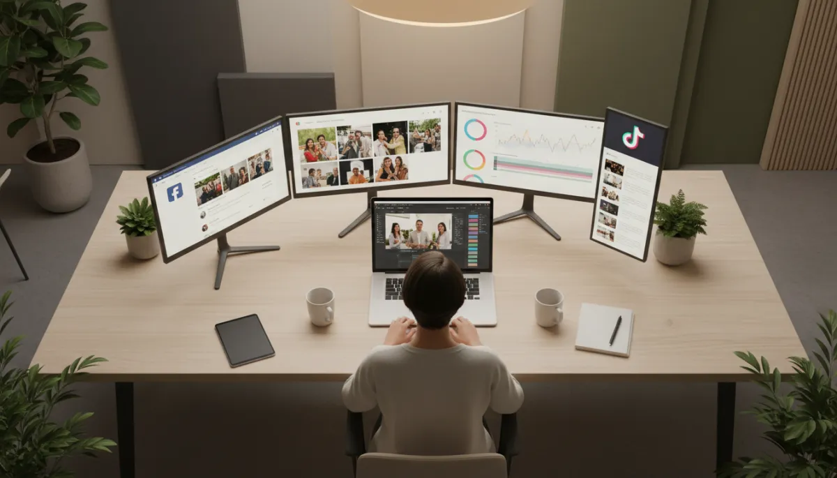Photorealistic overhead view of a marketer editing event content on a laptop Photorealistic overhead view of a marketer editing event content on a laptop