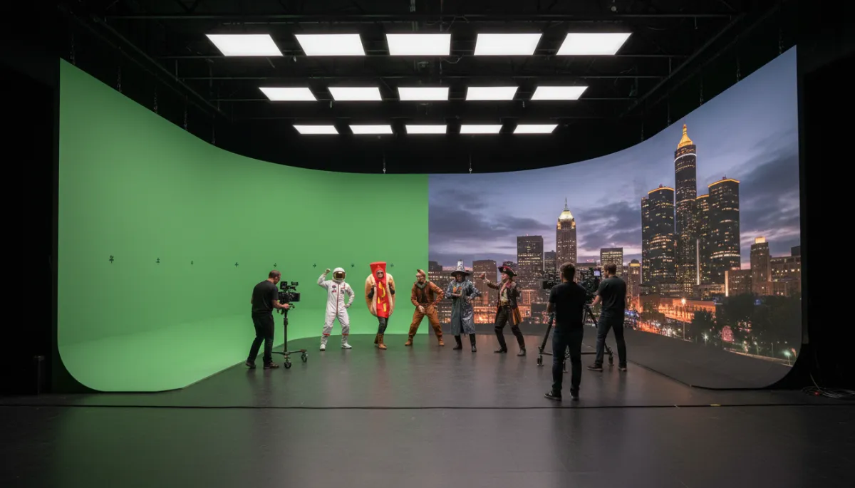 Photorealistic Michigan virtual studio with green screen and LED wall for sketch comedy Photorealistic Michigan virtual studio with green screen and LED wall for sketch comedy