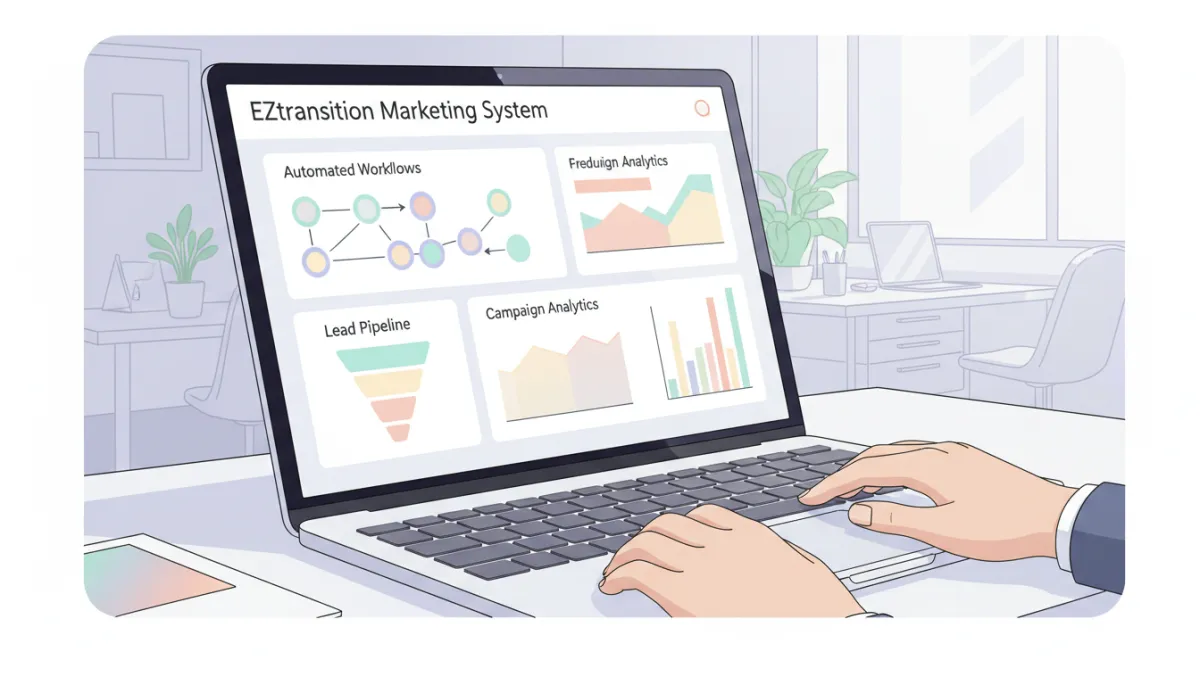EZMS dashboard displaying marketing automation workflows and lead pipeline
