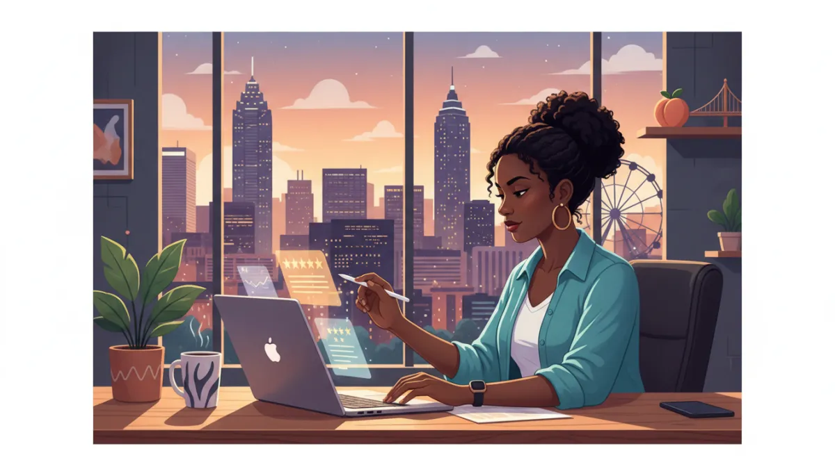 A diverse Atlanta local business owner reviewing their online presence and reviews on a laptop in an office or workspace setting, with Atlanta city elements visible through a window or in decor, capturing the urban, entrepreneurial vibe of Atlanta. A diverse Atlanta local business owner reviewing their online presence and reviews on a laptop in an office or workspace setting, with Atlanta city elements visible through a window or in decor, capturing the urban, entrepreneurial vibe of Atlanta.