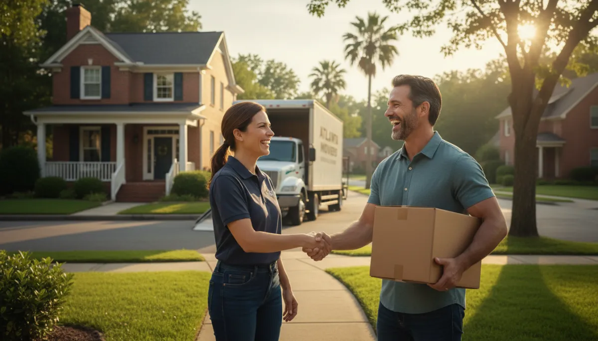 Photorealistic image of a local business owner shaking hands with a happy customer outside a house, both smiling, with the moving truck in the background, set in a suburban Atlanta neighborhood, warm, professional, and relatable.