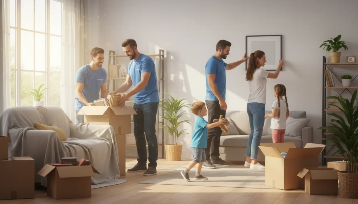 Photorealistic image of a friendly moving crew helping a family organize their belongings in a well-lit home, with smiling faces and a sense of teamwork, suitable for a local business owner audience.