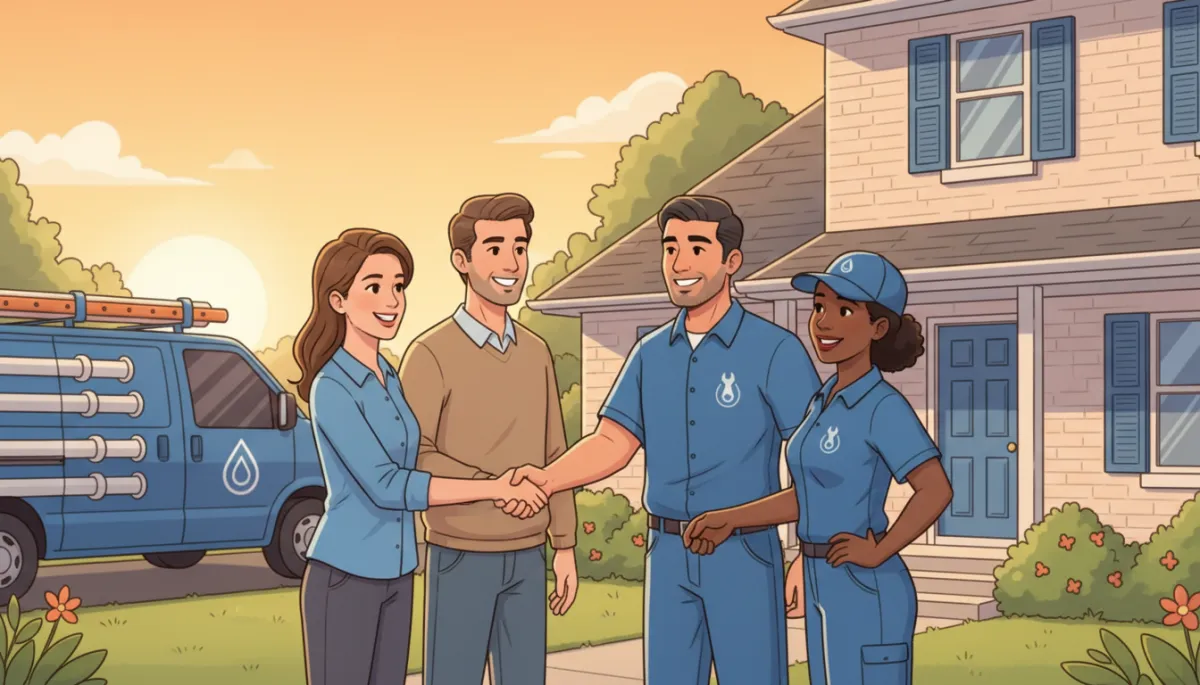 A photorealistic image showing happy customers smiling and shaking hands with a service crew (moving, plumbing, or landscaping) outside their home. The crew looks friendly and professional, and the scene feels inviting and trustworthy with warm lighting and blue accents. A photorealistic image showing happy customers smiling and shaking hands with a service crew (moving, plumbing, or landscaping) outside their home. The crew looks friendly and professional, and the scene feels inviting and trustworthy with warm lighting and blue accents.