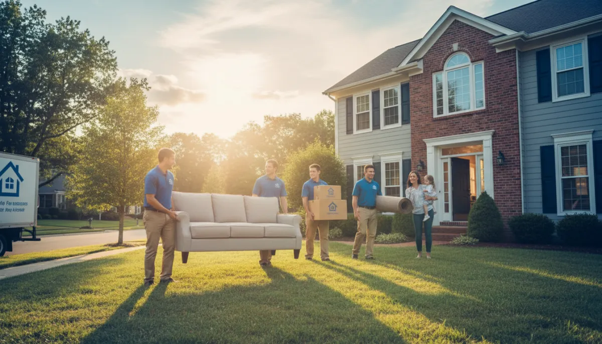 A photorealistic image of a team of movers in neat uniforms carrying furniture and boxes into a family home. The team looks professional and friendly. The scene is set in a suburban neighborhood, with soft afternoon light and subtle blue accents for a trustworthy, approachable look. A photorealistic image of a team of movers in neat uniforms carrying furniture and boxes into a family home. The team looks professional and friendly. The scene is set in a suburban neighborhood, with soft afternoon light and subtle blue accents for a trustworthy, approachable look.
