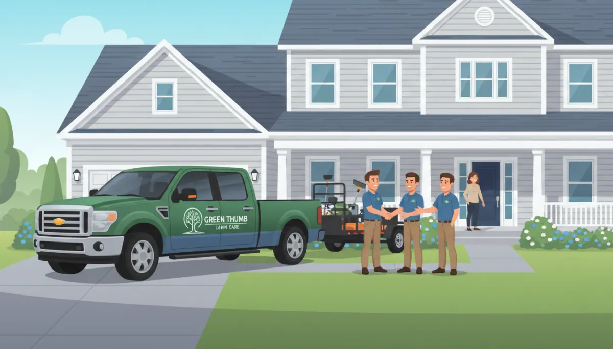 A photorealistic image of a branded local service company truck (moving, plumbing, or landscaping) parked outside a well-maintained residential property. The crew, in matching uniforms, is being greeted by happy customers at the front door. The mood is warm, professional, and welcoming, with neutral and blue tones. A photorealistic image of a branded local service company truck (moving, plumbing, or landscaping) parked outside a well-maintained residential property. The crew, in matching uniforms, is being greeted by happy customers at the front door. The mood is warm, professional, and welcoming, with neutral and blue tones.