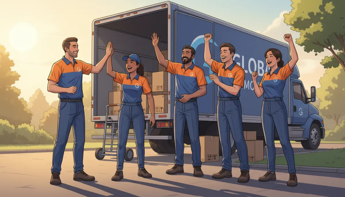 Photorealistic image of a moving company team (diverse group, men and women in branded uniforms) celebrating together outside their moving truck after a successful job. They are high-fiving and laughing, with moving boxes and a tidy truck in the background. The mood is proud and joyful, with warm light and blue accents.