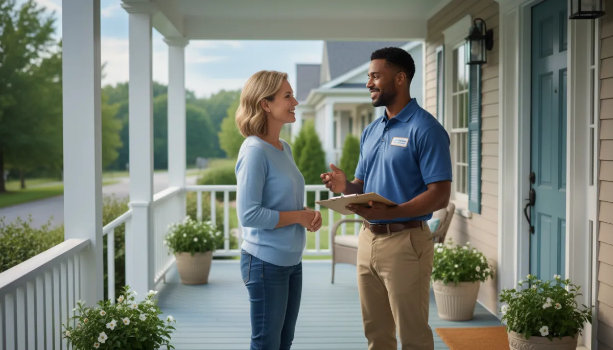 Photorealistic image of a friendly, uniformed local mover having a warm follow-up conversation with a homeowner on their front porch. Both are smiling, the mover holds a clipboard, and the scene feels genuine and supportive. The setting is a suburban home, with blue and neutral tones for a welcoming, trust-building vibe.