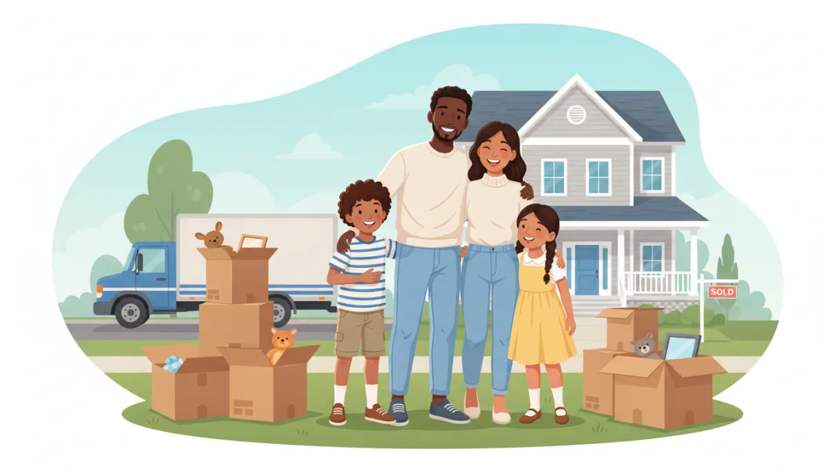 Photorealistic image of a happy family (parents and kids, casual and diverse) smiling in front of their new home, surrounded by moving boxes with a moving truck parked nearby. The family embraces, showing relief and excitement. The scene feels local, genuine, and uplifting with soft blue and neutral colors.
